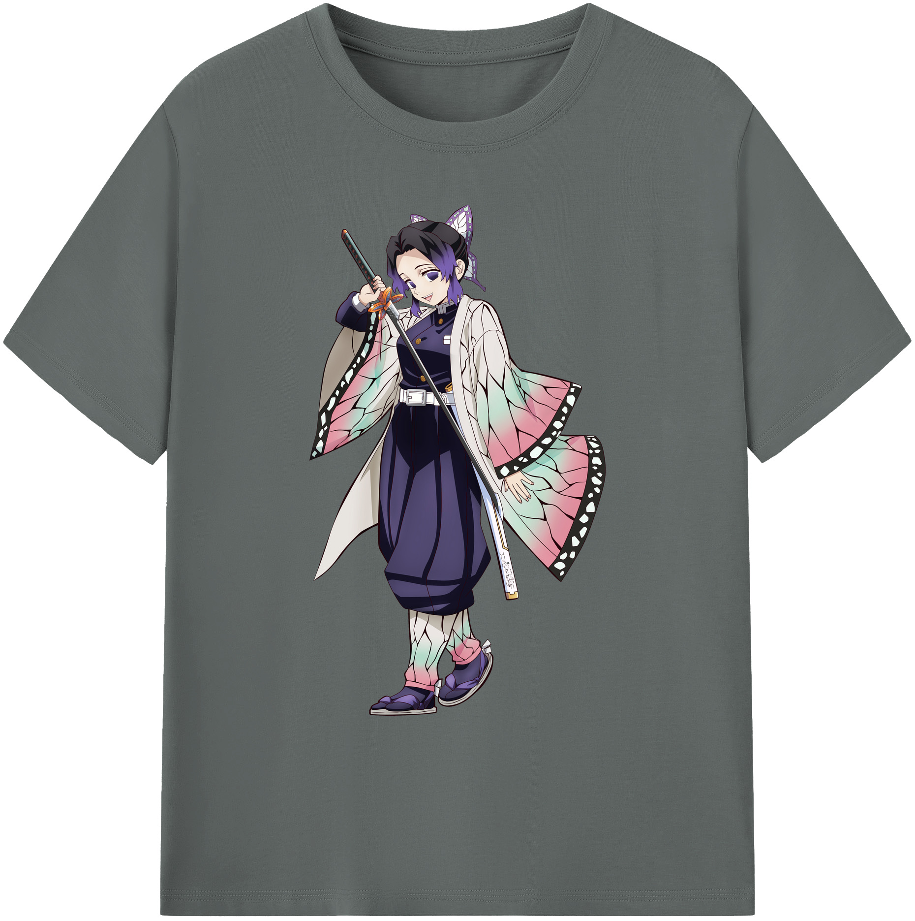 （画像用） 鬼滅の刃（きめつのやいば）蟲柱-胡蝶 しのぶ／こちょう しのぶ Kochou Shinobu 綿100％ メンズ半袖Tシャツ｜肌触りやわらか＆通気性